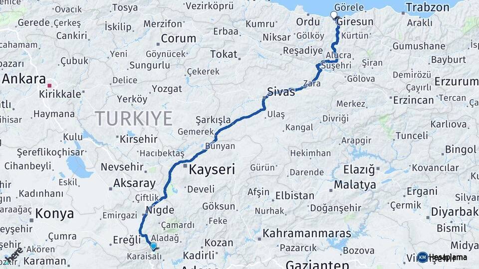 Adana Pozantı Giresun Arası Kaç Km - Yol Haritası
