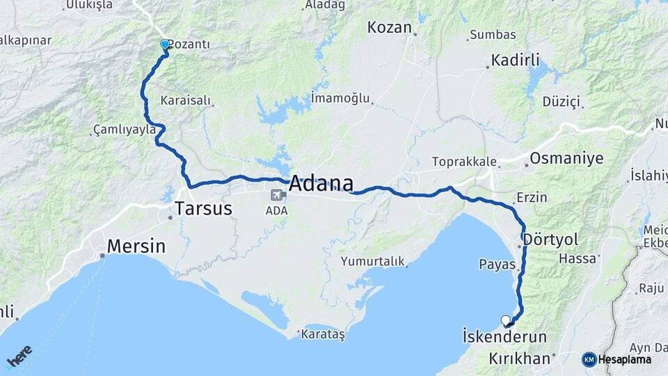 Adana Pozantı İskenderun Hatay Arası Kaç Km - Yol Haritası