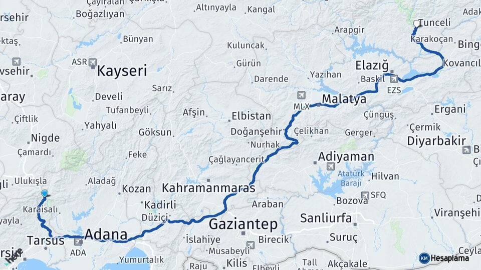 Adana Pozantı Tunceli Arası Kaç Km - Yol Haritası