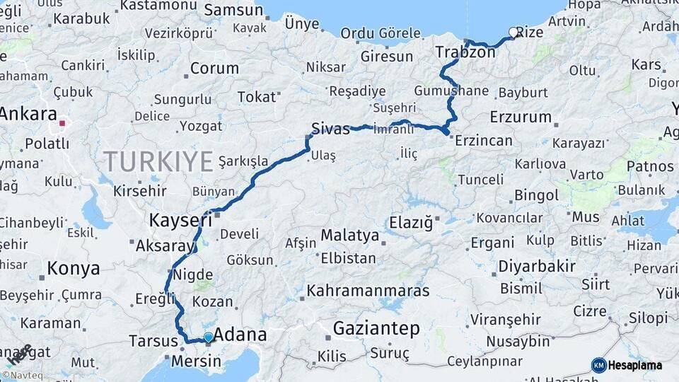 Adana Rize Arası Kaç Km - Yol Haritası