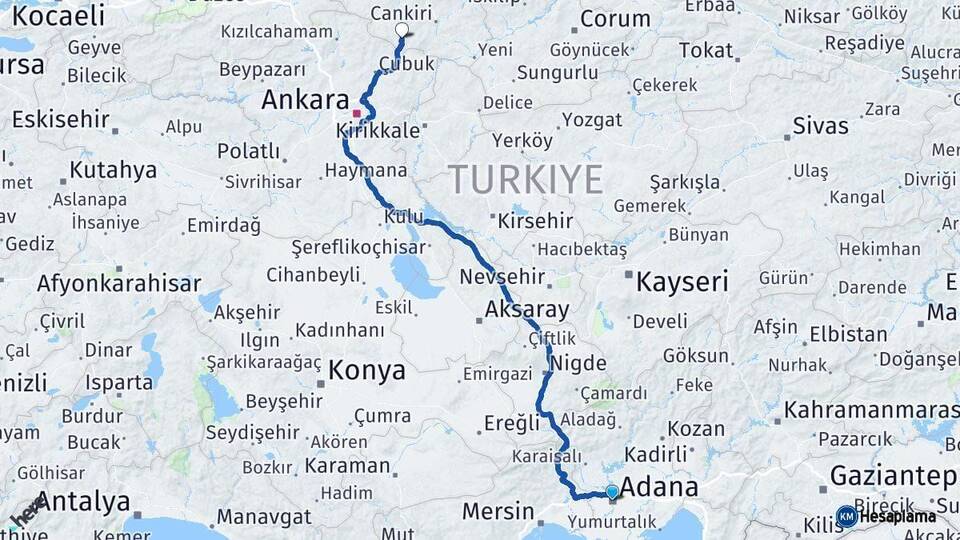 Adana Şabanözü Çankırı Arası Kaç Km - Yol Haritası