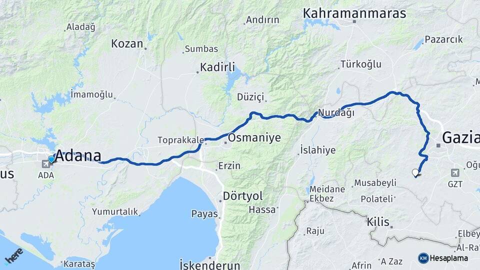 Adana Şahinbey Gaziantep Arası Kaç Km - Yol Haritası