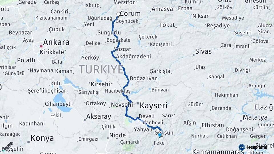 Adana Saimbeyli Çorum Arası Kaç Km - Yol Haritası