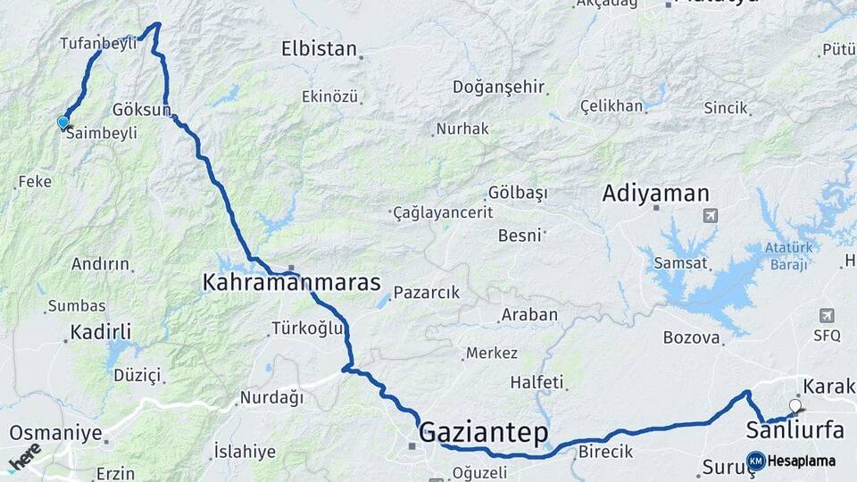 Adana Saimbeyli Şanlıurfa Arası Kaç Km - Yol Haritası