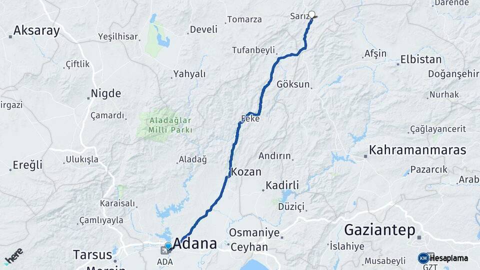 Adana Sarız Kayseri Arası Kaç Km - Yol Haritası
