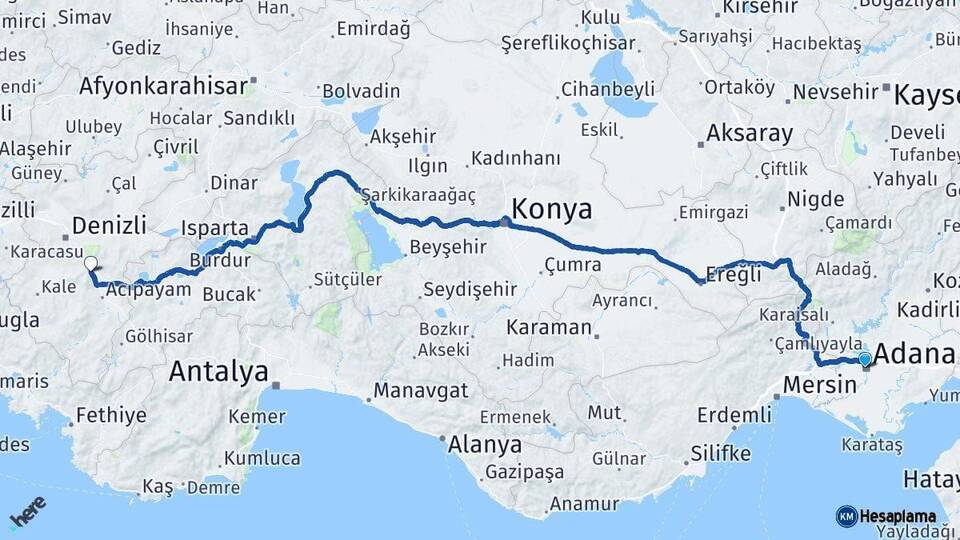 Adana Serinhisar Denizli Arası Kaç Km - Yol Haritası