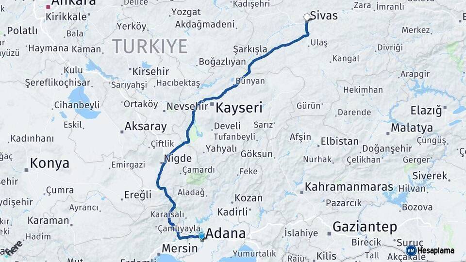 Adana Sivas Arası Kaç Km - Yol Haritası