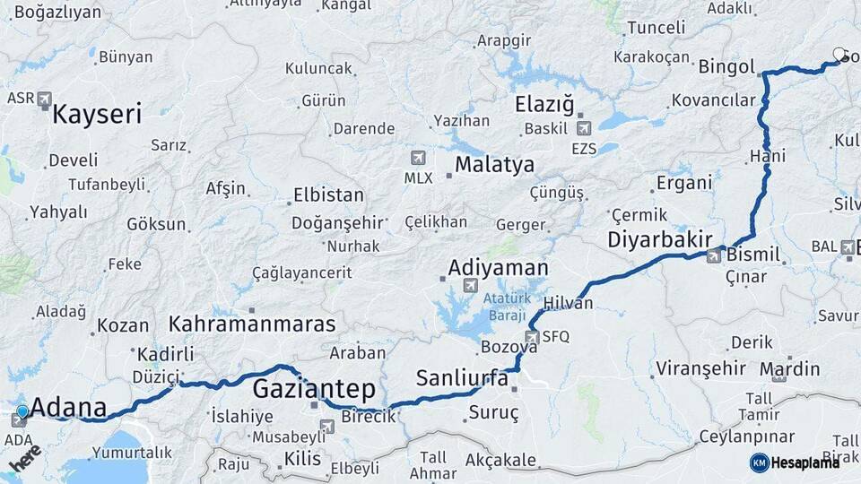 Adana Solhan Bingöl Arası Kaç Km - Yol Haritası