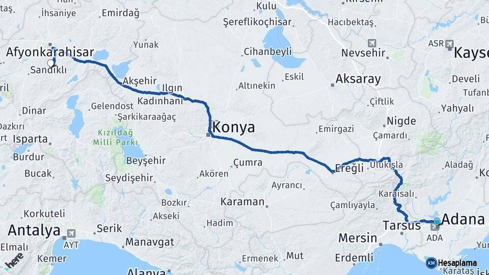 Adana Şuhut Afyonkarahisar Arası Kaç Km - Yol Haritası