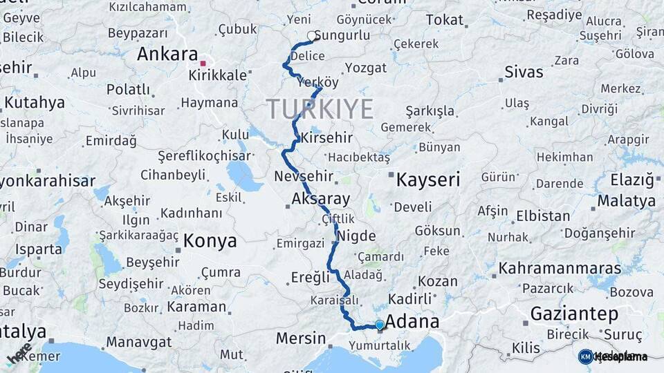 Adana Sungurlu Çorum Arası Kaç Km - Yol Haritası