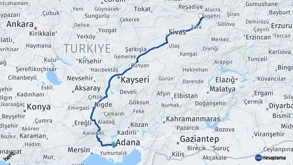 Adana Suşehri Sivas Arası Kaç Km - Yol Haritası