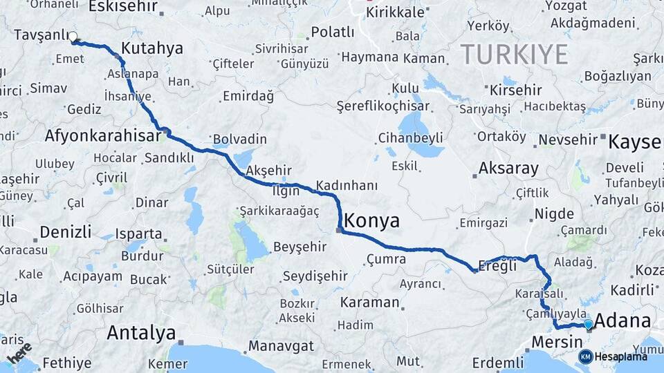 Adana Tavşanlı Kütahya Arası Kaç Km - Yol Haritası
