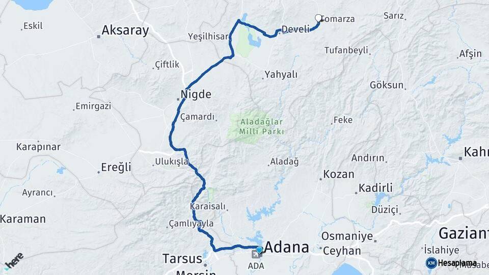 Adana Tomarza Kayseri Arası Kaç Km - Yol Haritası