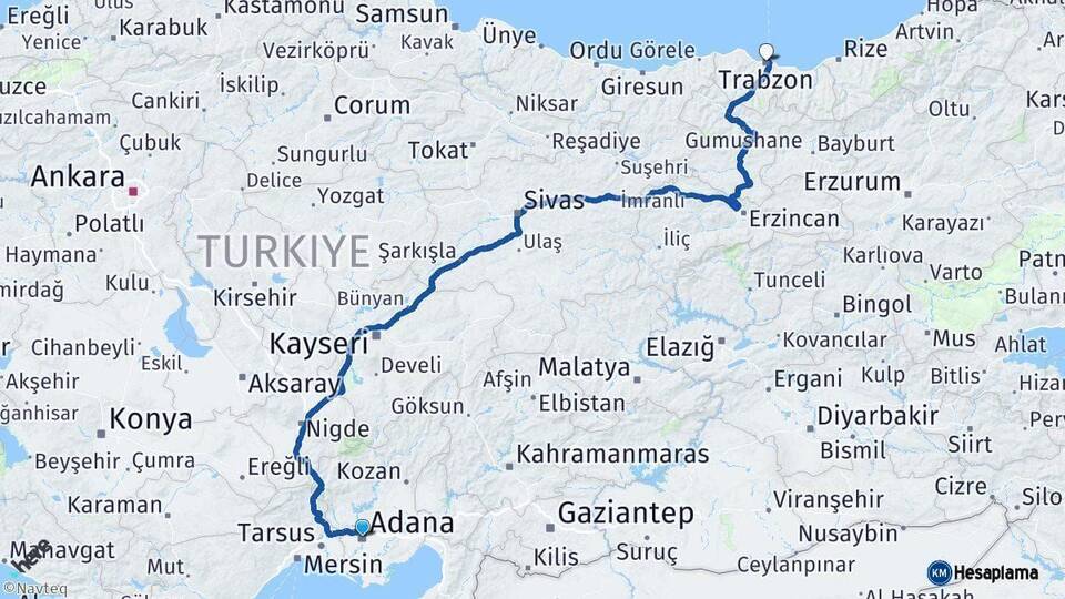 Adana Trabzon Arası Kaç Km - Yol Haritası