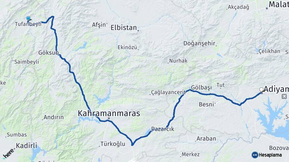 Adana Tufanbeyli Adıyaman Arası Kaç Km - Yol Haritası