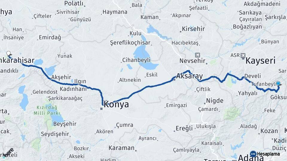 Adana Tufanbeyli Afyonkarahisar Arası Kaç Km - Yol Haritası