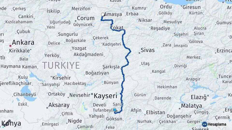 Adana Tufanbeyli Amasya Arası Kaç Km - Yol Haritası