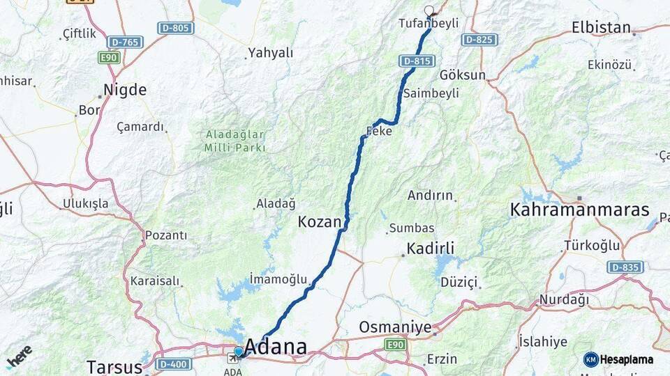 Adana Tufanbeyli Arası Kaç Km - Yol Haritası