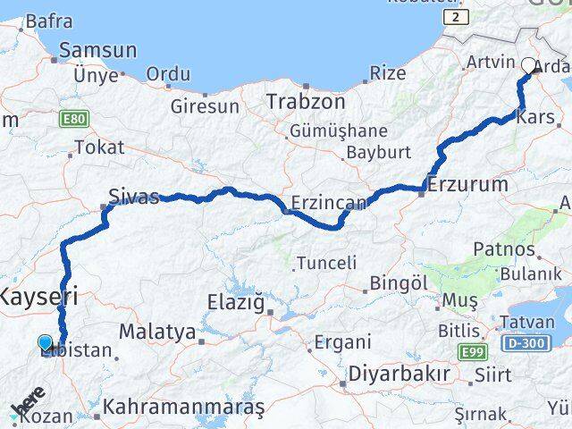 Adana Tufanbeyli Ardahan Arası Kaç Km - Yol Haritası