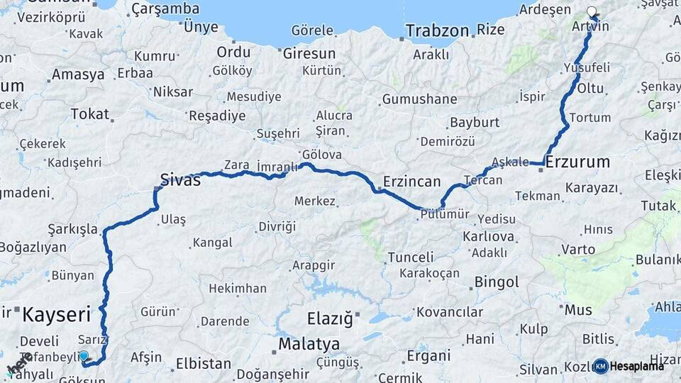 Adana Tufanbeyli Artvin Arası Kaç Km - Yol Haritası