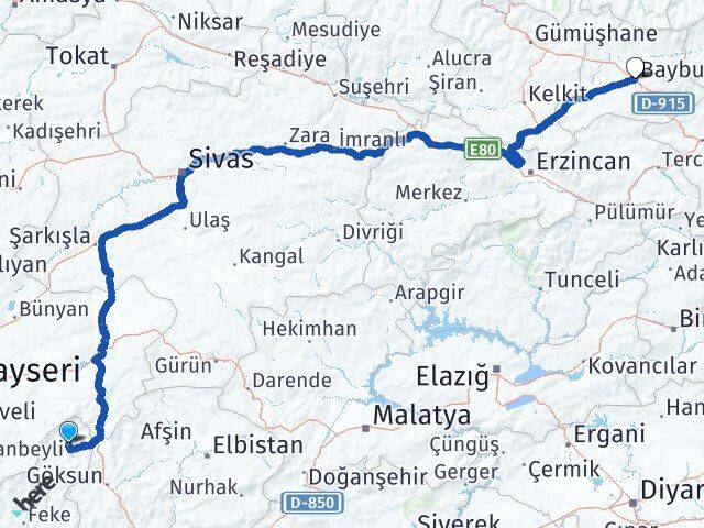 Adana Tufanbeyli Bayburt Arası Kaç Km - Yol Haritası