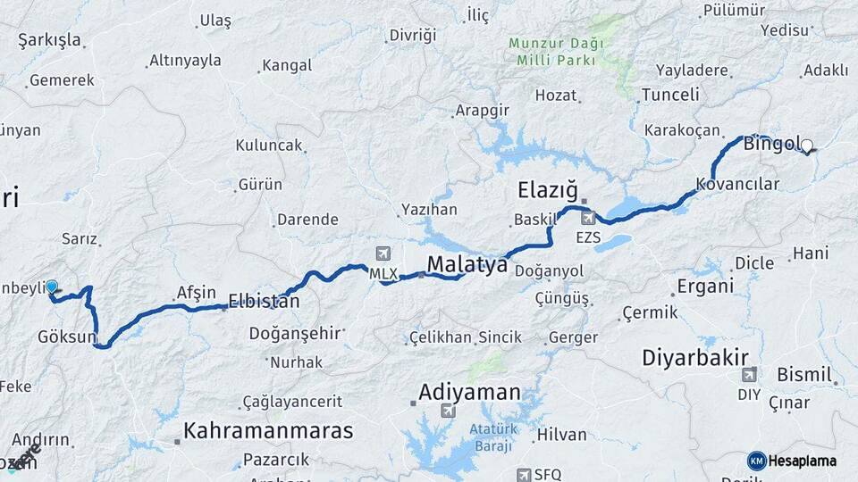 Adana Tufanbeyli Bingöl Arası Kaç Km - Yol Haritası