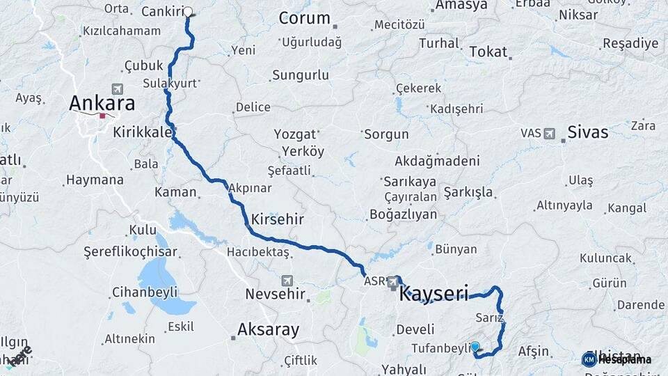 Adana Tufanbeyli Çankırı Arası Kaç Km - Yol Haritası
