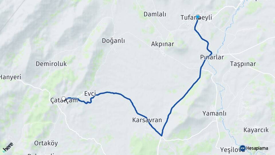 Adana Tufanbeyli Çatalçam Tufanbeyli Arası Kaç Km - Yol Haritası