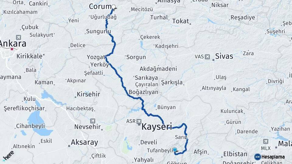 Adana Tufanbeyli Çorum Arası Kaç Km - Yol Haritası