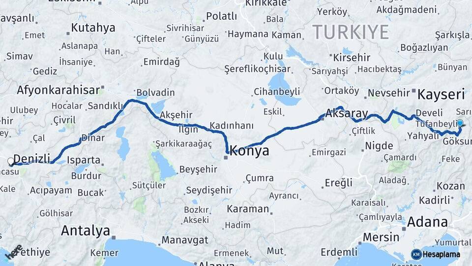 Adana Tufanbeyli Denizli Arası Kaç Km - Yol Haritası