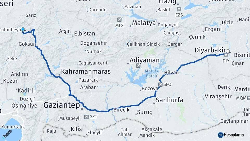Adana Tufanbeyli Diyarbakır Arası Kaç Km - Yol Haritası
