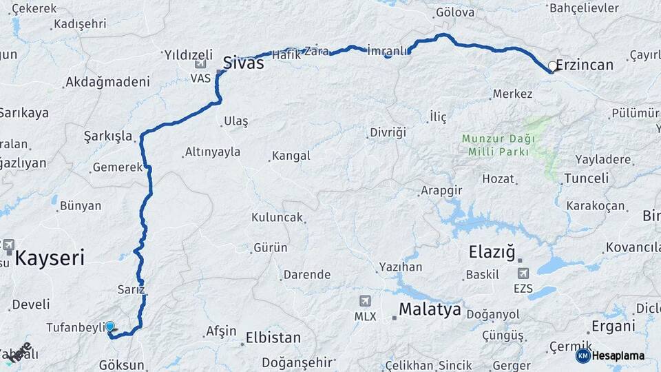 Adana Tufanbeyli Erzincan Arası Kaç Km - Yol Haritası