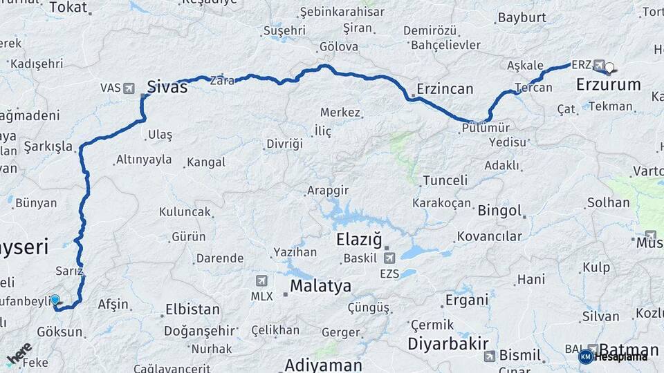 Adana Tufanbeyli Erzurum Arası Kaç Km - Yol Haritası