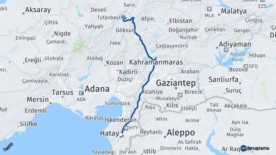 Adana Tufanbeyli Hatay Arası Kaç Km - Yol Haritası