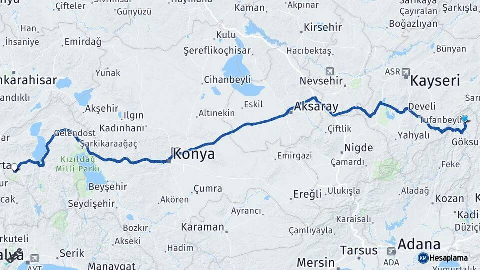 Adana Tufanbeyli Isparta Arası Kaç Km - Yol Haritası