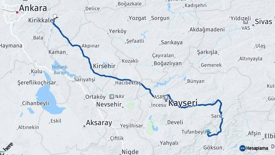 Adana Tufanbeyli Kırıkkale Arası Kaç Km - Yol Haritası