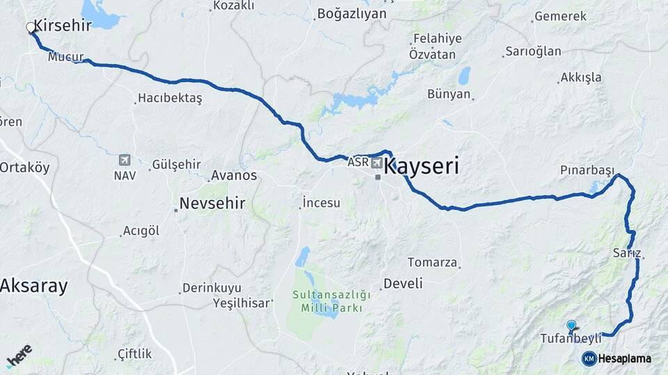 Adana Tufanbeyli Kırşehir Arası Kaç Km - Yol Haritası