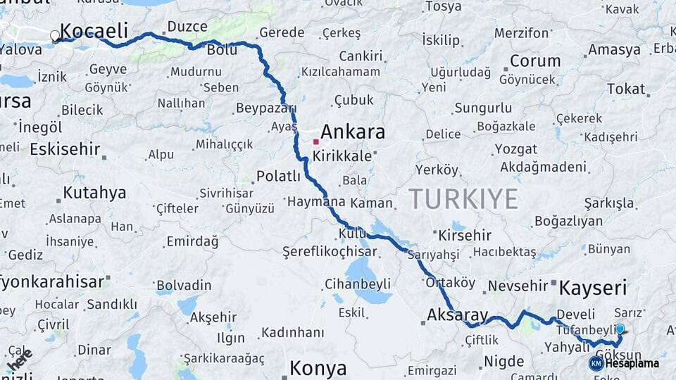 Adana Tufanbeyli Kocaeli Arası Kaç Km - Yol Haritası