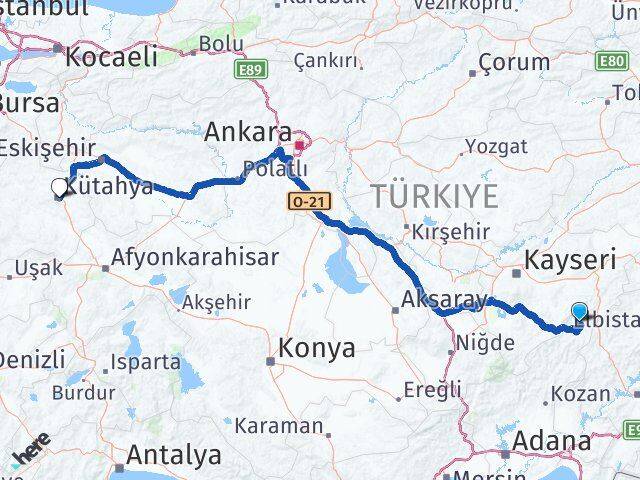 Adana Tufanbeyli Kütahya Arası Kaç Km - Yol Haritası