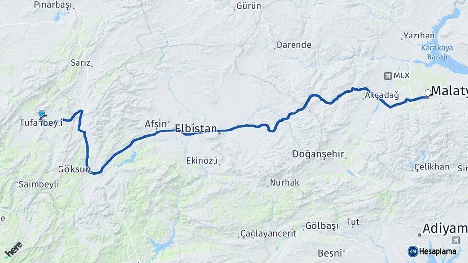 Adana Tufanbeyli Malatya Arası Kaç Km - Yol Haritası