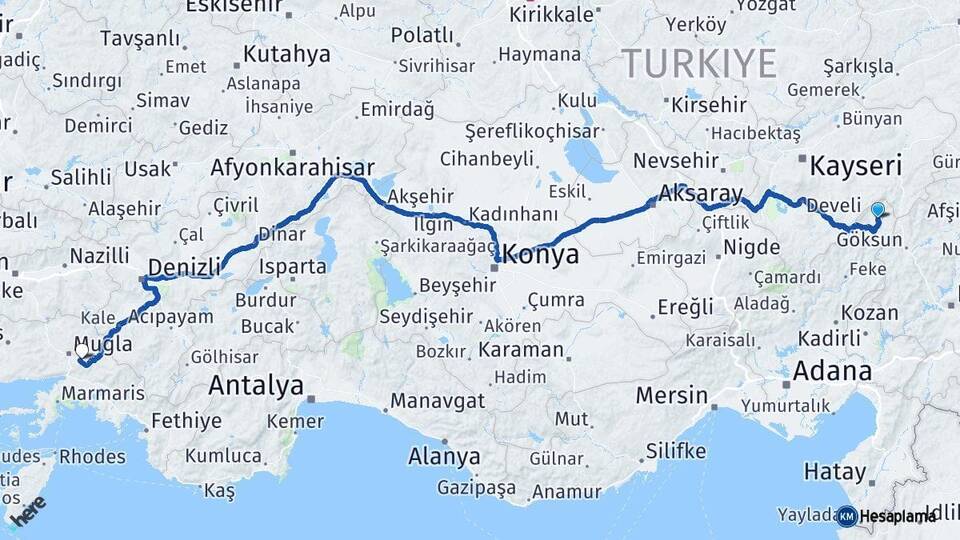Adana Tufanbeyli Muğla Arası Kaç Km - Yol Haritası