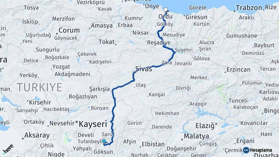 Adana Tufanbeyli Ordu Arası Kaç Km - Yol Haritası