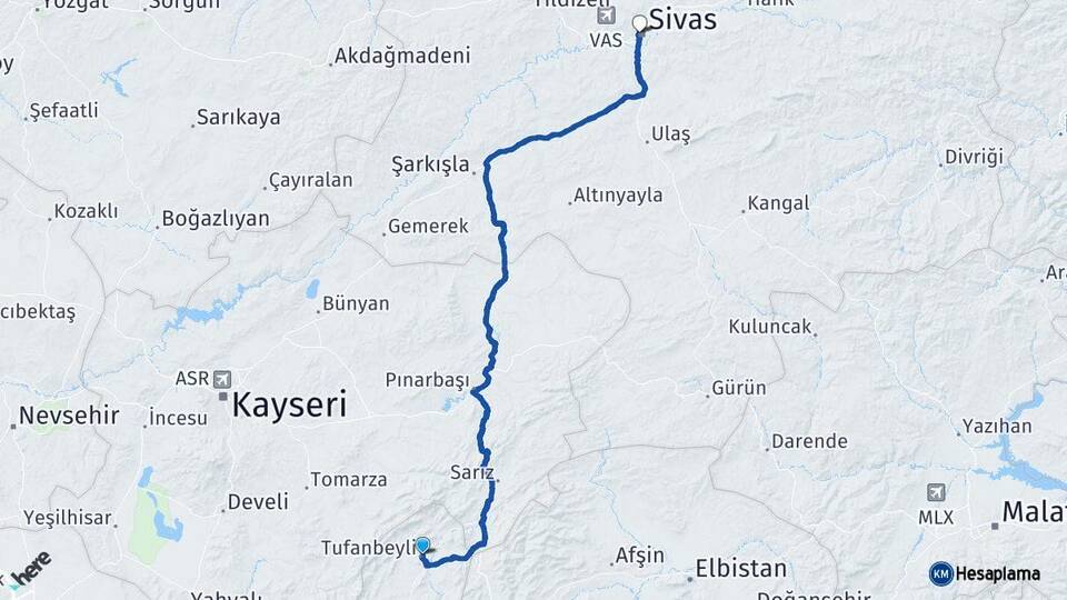 Adana Tufanbeyli Sivas Arası Kaç Km - Yol Haritası