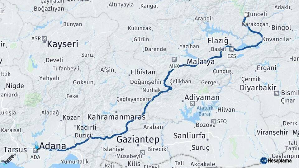 Adana Tunceli Arası Kaç Km - Yol Haritası