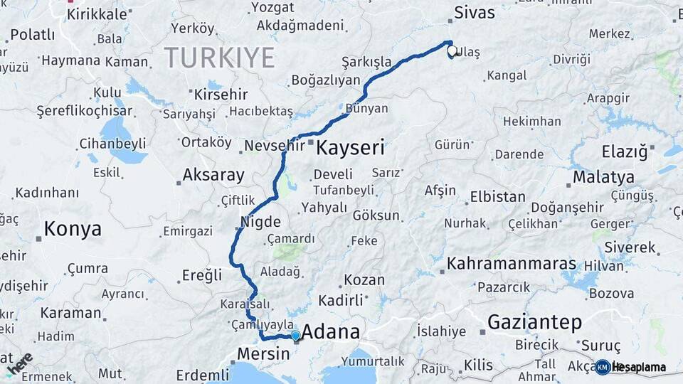 Adana Ulaş Sivas Arası Kaç Km - Yol Haritası
