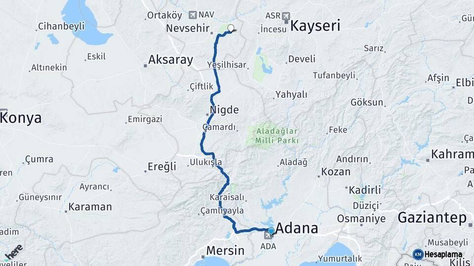 Adana Ürgüp Nevşehir Arası Kaç Km - Yol Haritası