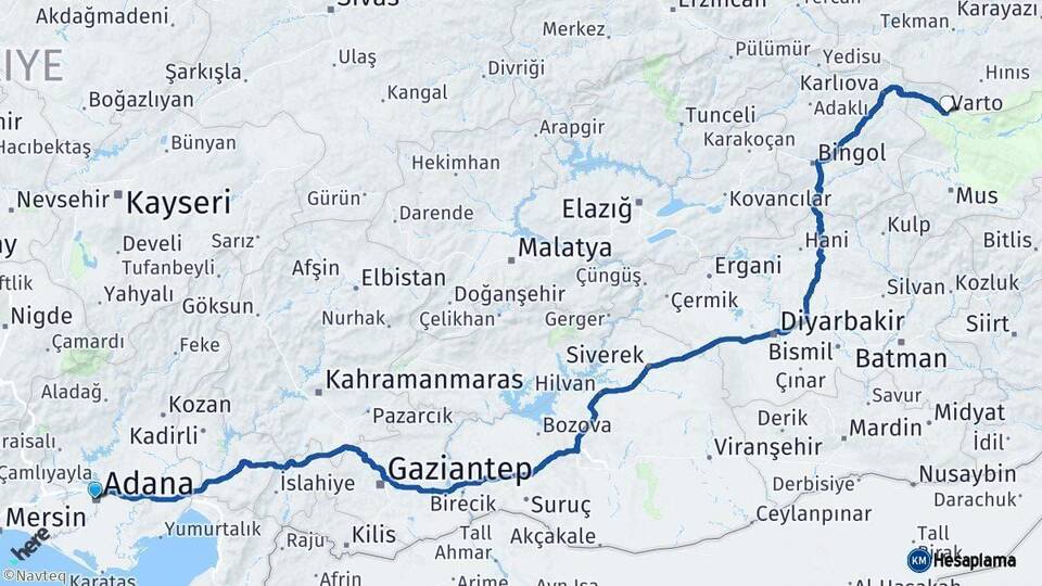 Adana Varto Muş Arası Kaç Km - Yol Haritası