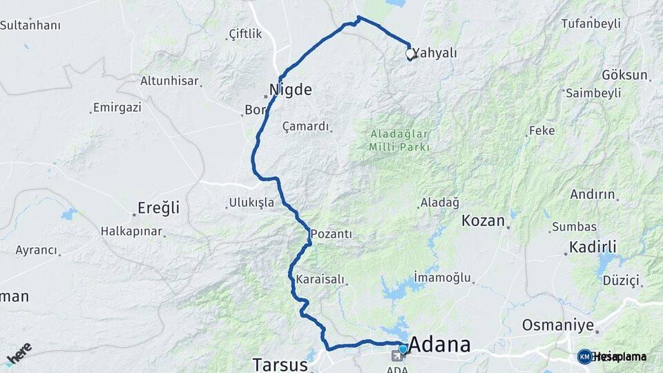 Adana Yahyalı Kayseri Arası Kaç Km - Yol Haritası