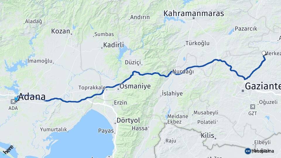 Adana Yavuzeli Gaziantep Arası Kaç Km - Yol Haritası