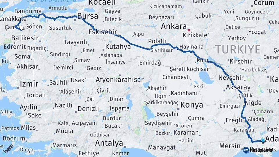 Adana Yenice Çanakkale Arası Kaç Km - Yol Haritası